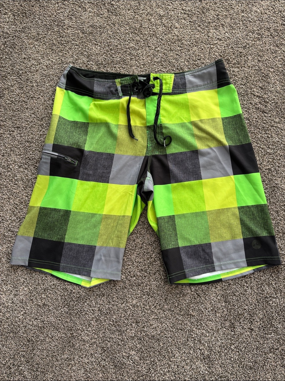Rusty Men's Neon Green Check Swim Trunks - 36